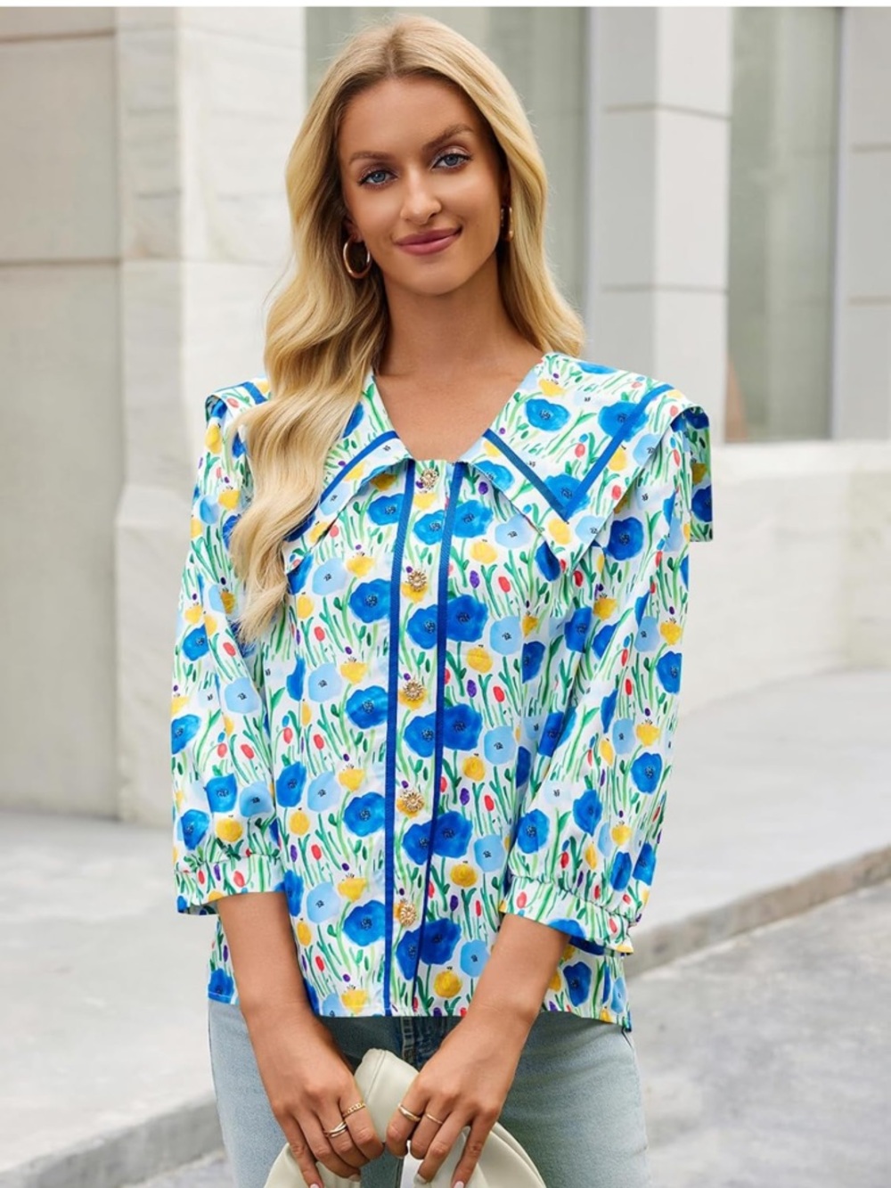 Blue Floral V-Neck Button-Front Blouse with Wide Collar